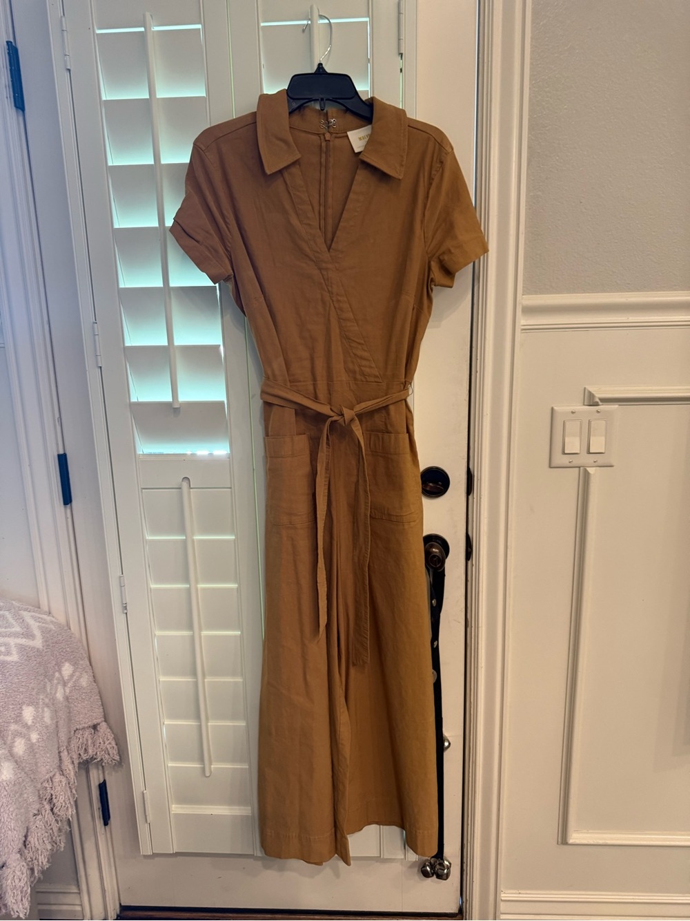 Anthropologie/ Maeve Mustard Short-Sleeve Collared Jumpsuit with Tie Waist - Picture 3 of 4